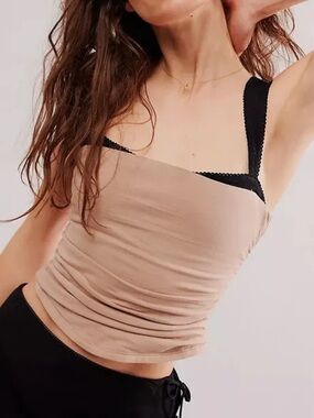 Neutral Beige Stretch Tank with Black Lace Straps
